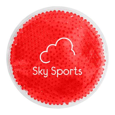 Plastic red hot and cold pack with a personalized logo.