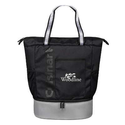 Black polyester cooler with a branded logo.