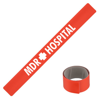 Red vinyl wristband with a branded imprint.