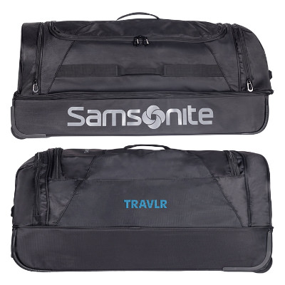 Large black wheeled duffel with custom embroidered logo.