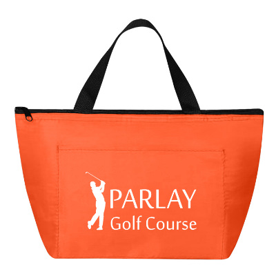 Orange polyester cooler with branded logo.