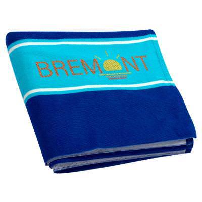 Blue cabana stripe microfiber beach towel with branded embroidered logo