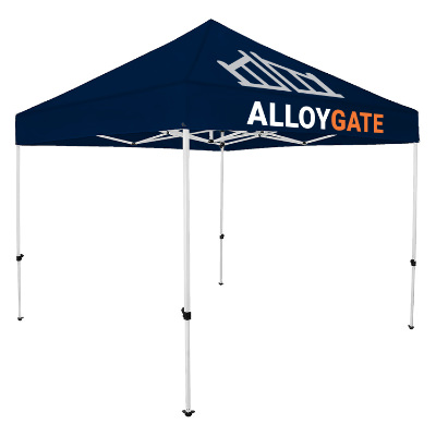 Navy 10-ft. tent with custom imprint.