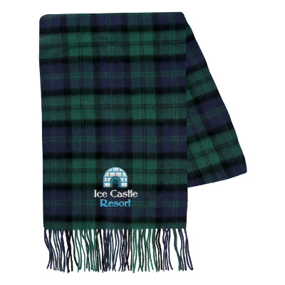 Green plaid cashmere scarf with custom embroidered imprint.