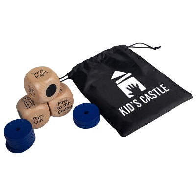 Black polyester pass pass keep dice set with a personalized logo.