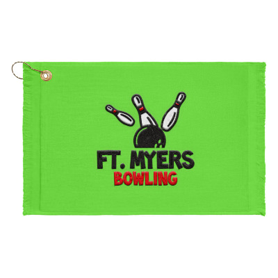 Lime green golf towel with custom embroidered imprint.