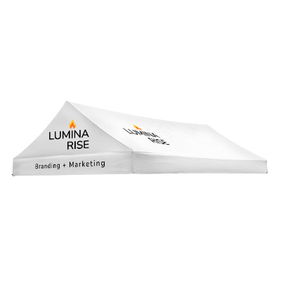White 10-ft. x 15-ft. gable tent canopy with custom imprint in 3 locations.