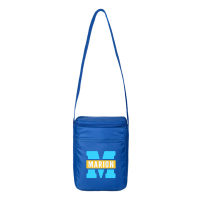 Blue polyester cooler with a customized logo.