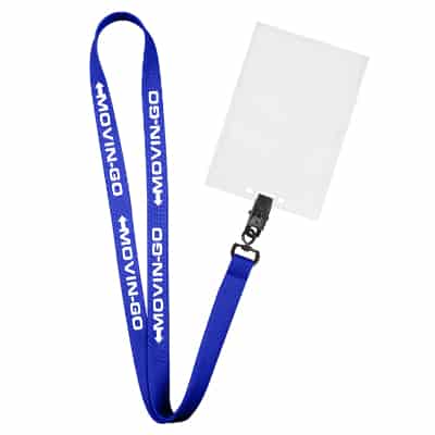 5/8 inch royal blue tubular polyester custom imprint lanyard with swivel bulldog clip and vertical ID holder.