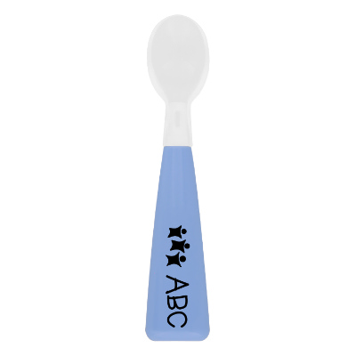 Blue baby spoon with custom logo.
