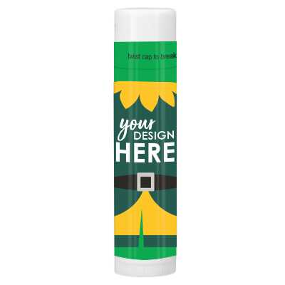 Promotional green elf lip balm.