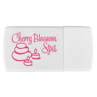 Plastic white pill box with a personalized logo.