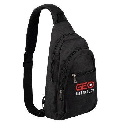 Black sling bag with pockets and custom full-color imprint.