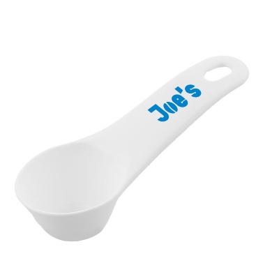 Polystyrene white coffee scoop with promotional imprint.