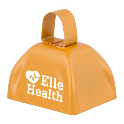 Orange metal cowbell with a custom logo.
