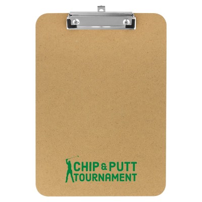 Wooden clipboard with a custom logo.