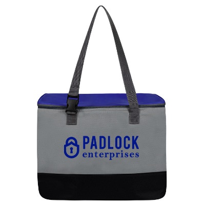Polyester insulated royal blue cooler bag with custom imprint.