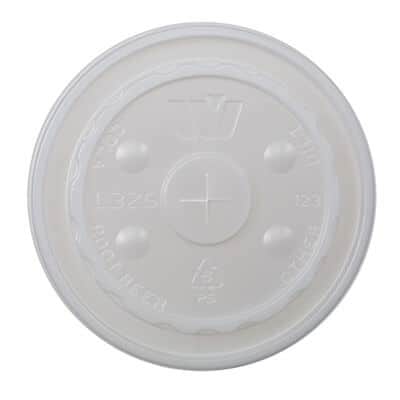 Translucent plastic lid with straw slot.