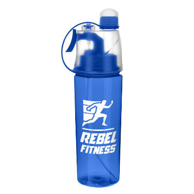 Plastic blue water bottle with custom logo in 20 oz.