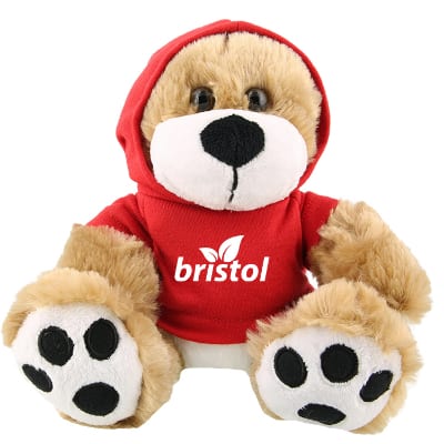 Plush and cotton dog with red hoodie with custom imprint.