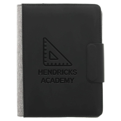 Personalized debossed black reclaim RPET magclick fast wireless journalbook and gray spine.