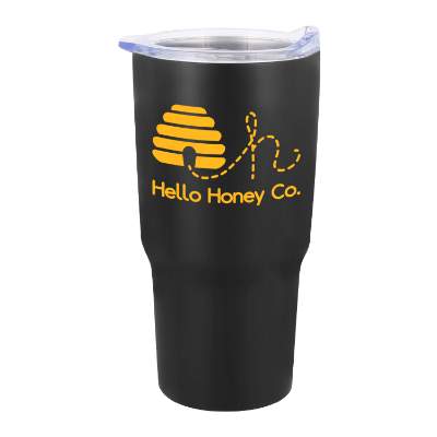 Black tumbler with custom logo.