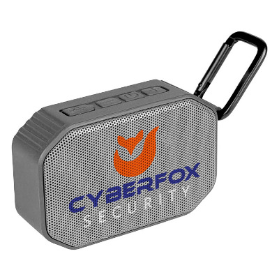 Gray plastic speaker with a branded logo.