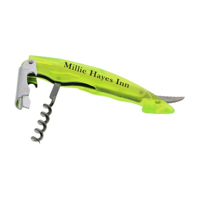 Plastic translucent blue corkscrew with custom promotional imprint.
