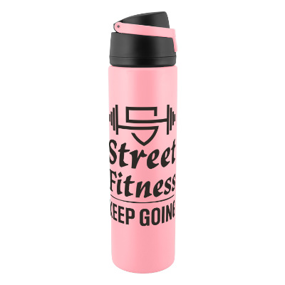 Pink stainless steel bottle with a branded logo.