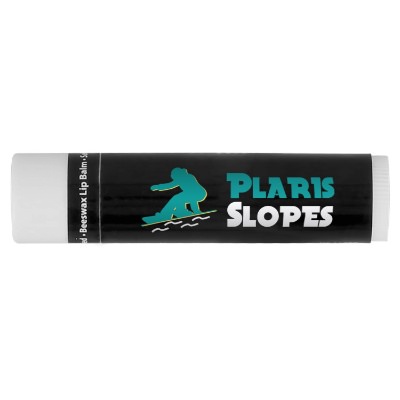 White plastic lip balm with a personalized imprint.