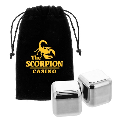 Stainless ice cube with custom logo pouch.