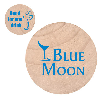 Natural wooden nickel with a custom logo.