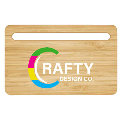 Natural bamboo charging pad with a custom logo.
