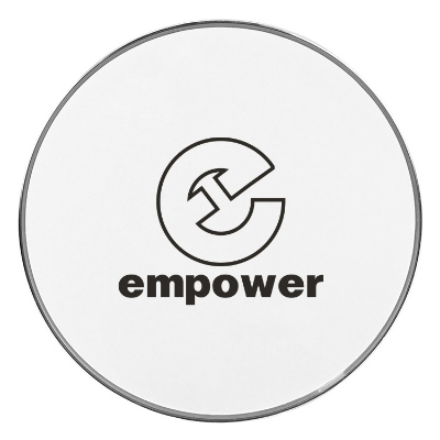 White aluminum wireless charger with a personalized logo.