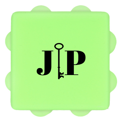 Lime green silicone push pop ball with a custom logo.