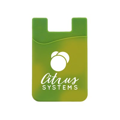 Silicone changing green to yellow phone wallet with logo.