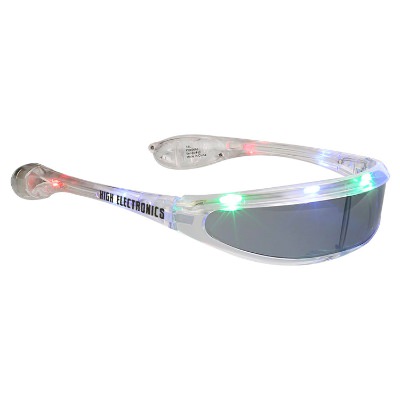 Plastic multicolor futuristic light up sunglasses with branded logo.