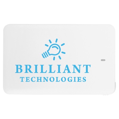 White plastic power bank with a custom imprint.