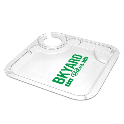 Clear crystal styrene snack tray with wine holder with custom promotional imprint.