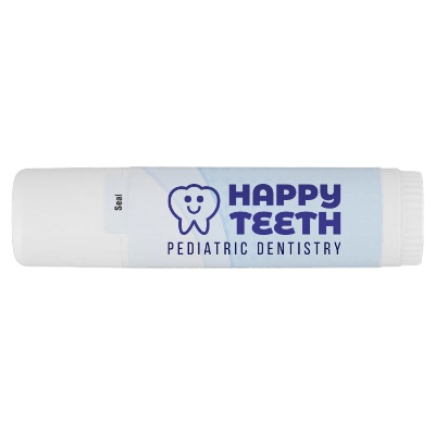 White plastic lip balm with a personalized imprint.