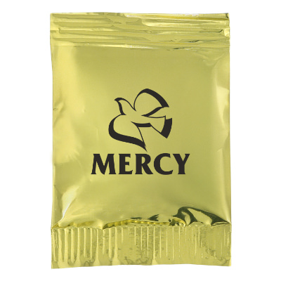 Gold plastic drink mix pack with a custom logo.