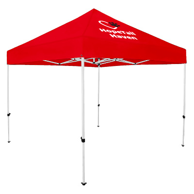 Red 10-ft. tent with custom imprint.