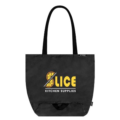 Black RPET packable shopper tote bag with custom full-color logo.