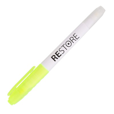 Yellow plastic highlighter with a branded logo.