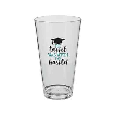 Acrylic clear beer glass with custom full-color logo in 16 ounces.