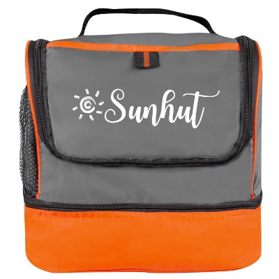 Polyester orange two compartment lunch bag with printed logo.