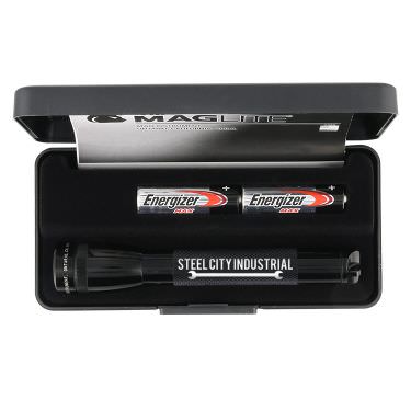 Engraved black aluminum flashlight with a custom imprint.