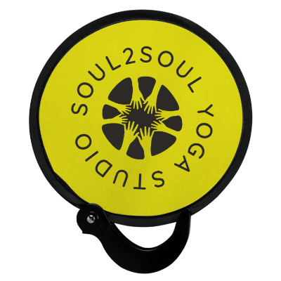 Nylon yellow hand fan with a custom logo.