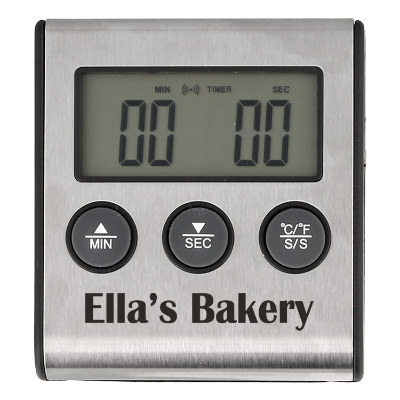 Silver stainless steel kitchen timer with a personalized logo.