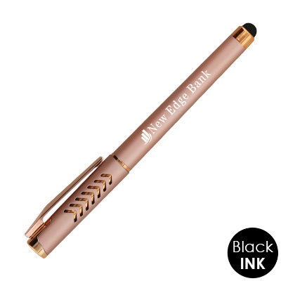 Rose gold plastic pen with a custom imprint.